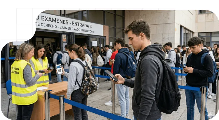 Estudiantes en fila muestran su EUDI Wallet con código QR en el móvil para acceder al examen universitario.