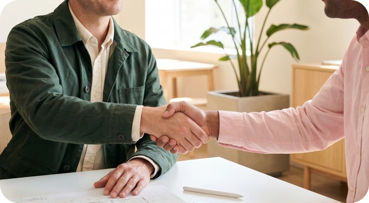 Man and woman shaking hands after signing a non-disclosure agreement.