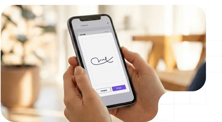 Creación de una firma digitalizada en la pantalla de un smartphone, mostrando botones de confirmación.