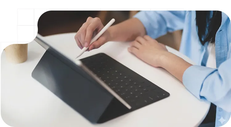 Uso de un lápiz digital en una tablet con teclado para realizar trazos precisos necesarios en una firma digitalizada segura.