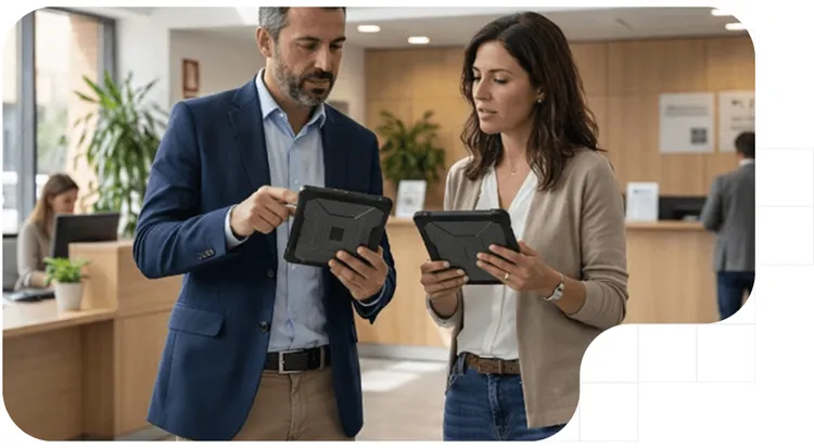 Dos personas revisan en tablets el sello electrónico en una oficina del ayuntamiento.