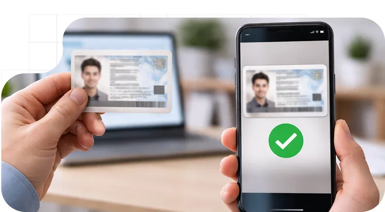Mano sosteniendo un documento de identidad junto a un teléfono móvil que muestra la verificación digital del mismo documento con un icono de confirmación verde